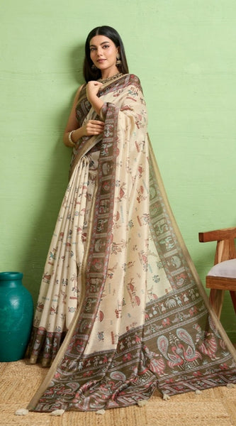 Mayawye Women's Silk Blend Printed Saree With Unstitched Blouse 5.5Mtr (Cream)