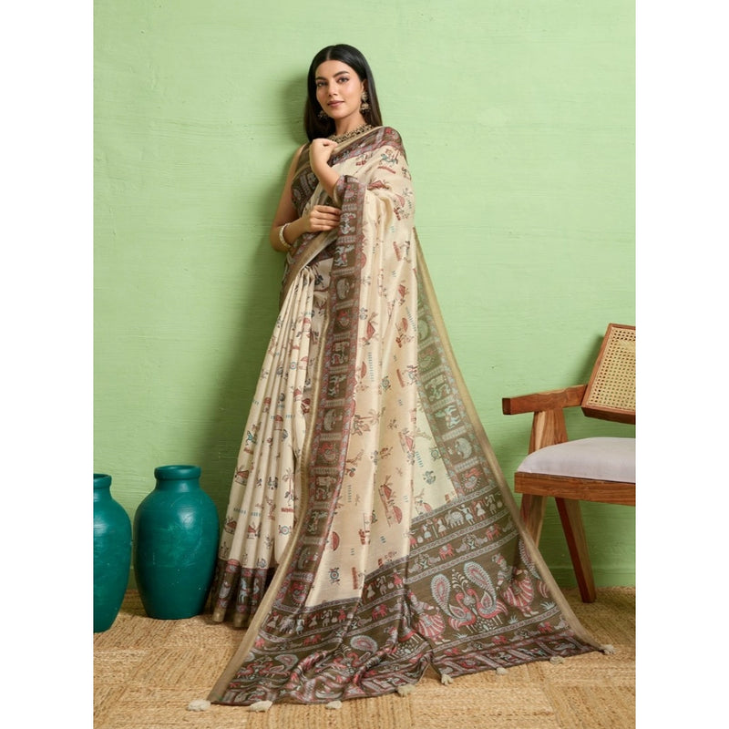 Mayawye Women's Silk Blend Printed Saree With Unstitched Blouse 5.5Mtr (Cream)