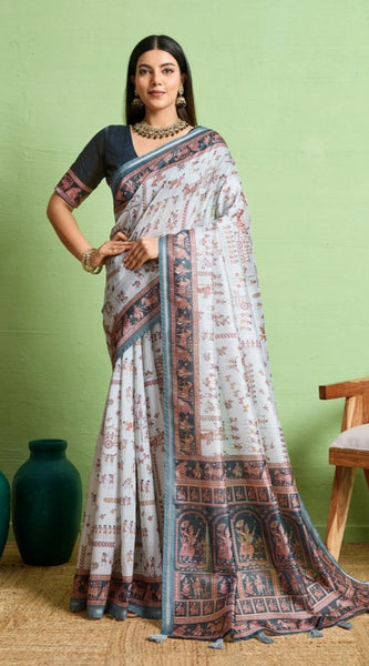 Mayawye Women's Silk Blend Printed Saree With Unstitched Blouse 5.5Mtr (Grey)