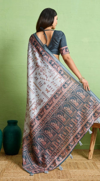 Mayawye Women's Silk Blend Printed Saree With Unstitched Blouse 5.5Mtr (Grey)