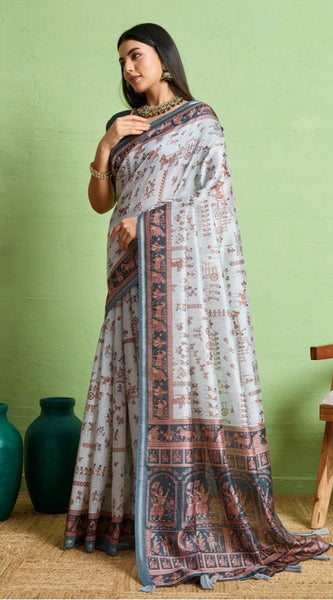 Mayawye Women's Silk Blend Printed Saree With Unstitched Blouse 5.5Mtr (Grey)