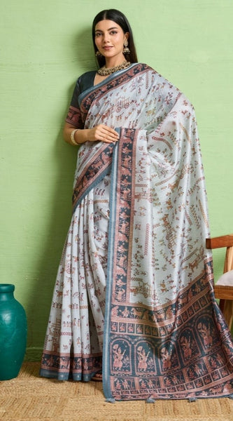 Mayawye Women's Silk Blend Printed Saree With Unstitched Blouse 5.5Mtr (Grey)