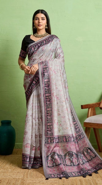 Mayawye Women's Silk Blend Printed Saree With Unstitched Blouse 5.5Mtr (Grey)