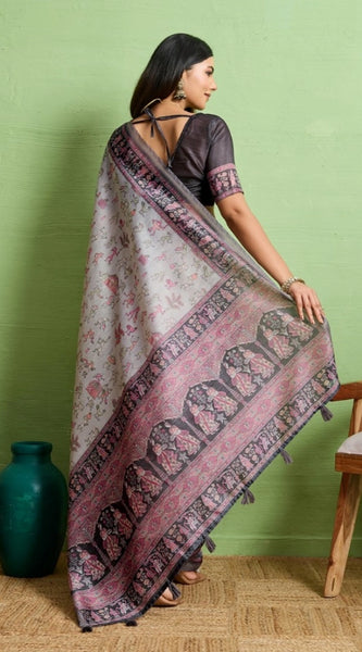 Mayawye Women's Silk Blend Printed Saree With Unstitched Blouse 5.5Mtr (Grey)