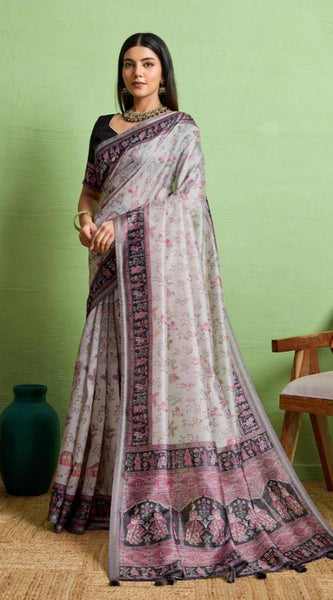 Mayawye Women's Silk Blend Printed Saree With Unstitched Blouse 5.5Mtr (Grey)
