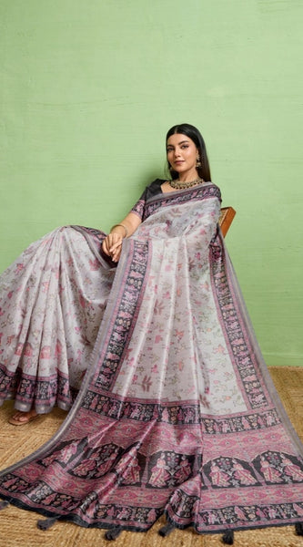 Mayawye Women's Silk Blend Printed Saree With Unstitched Blouse 5.5Mtr (Grey)