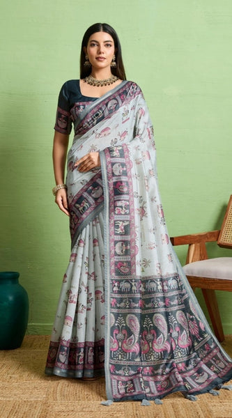 Mayawye Women's Silk Blend Printed Saree With Unstitched Blouse 5.5Mtr (Grey)