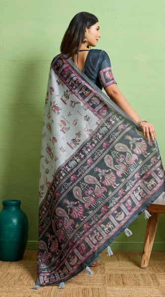 Mayawye Women's Silk Blend Printed Saree With Unstitched Blouse 5.5Mtr (Grey)