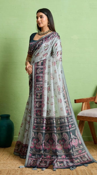 Mayawye Women's Silk Blend Printed Saree With Unstitched Blouse 5.5Mtr (Grey)