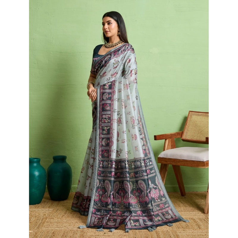 Mayawye Women's Silk Blend Printed Saree With Unstitched Blouse 5.5Mtr (Grey)