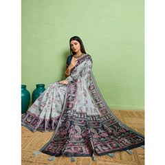 Mayawye Women's Silk Blend Printed Saree With Unstitched Blouse 5.5Mtr (Grey)