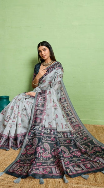 Mayawye Women's Silk Blend Printed Saree With Unstitched Blouse 5.5Mtr (Grey)