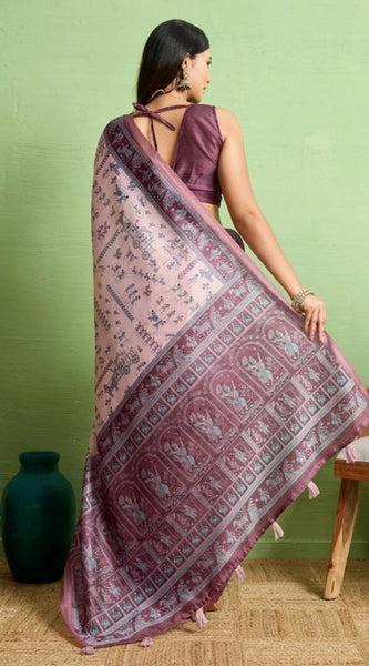 Mayawye Women's Silk Blend Printed Saree With Unstitched Blouse 5.5Mtr (Grey)
