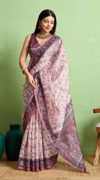 Mayawye Women's Silk Blend Printed Saree With Unstitched Blouse 5.5Mtr (Grey)