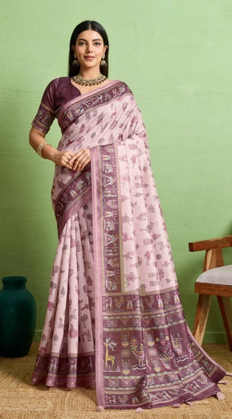 Mayawye Women's Silk Blend Printed Saree With Unstitched Blouse 5.5Mtr (Grey)
