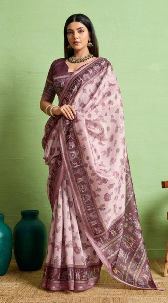 Mayawye Women's Silk Blend Printed Saree With Unstitched Blouse 5.5Mtr (Grey)