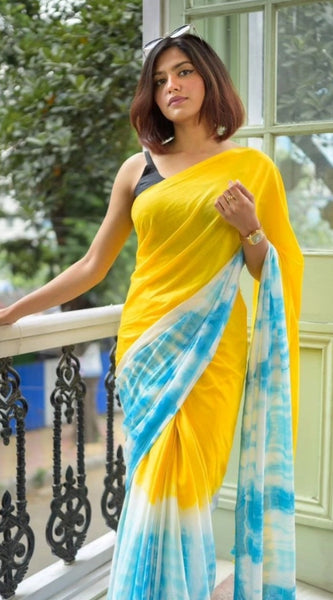 Mayawye Women's Linen Printed Saree With Unstitched Blouse 5.5Mtr (Multicolor)