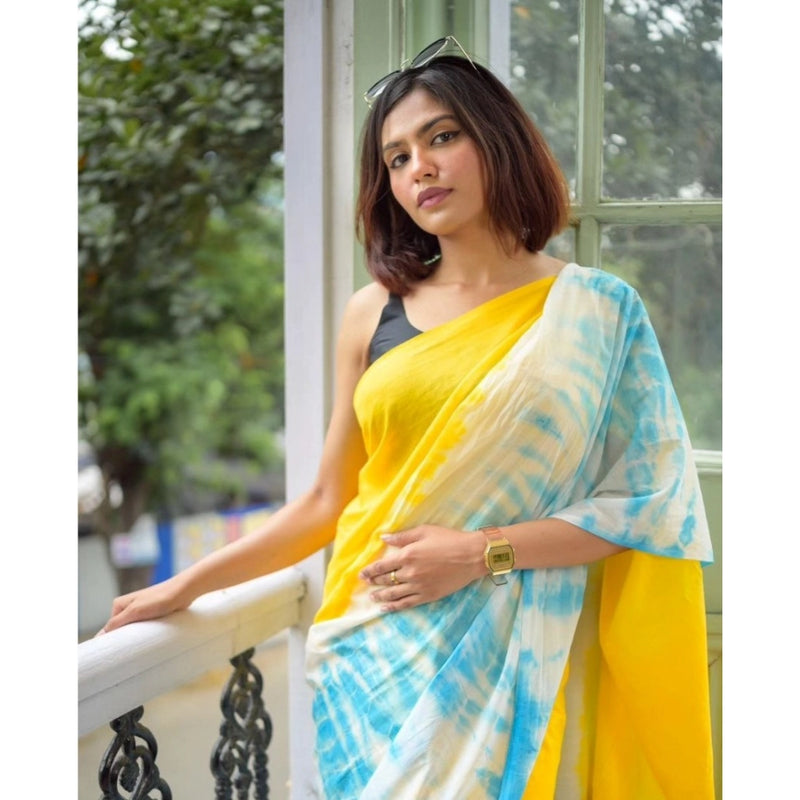 Mayawye Women's Linen Printed Saree With Unstitched Blouse 5.5Mtr (Multicolor)