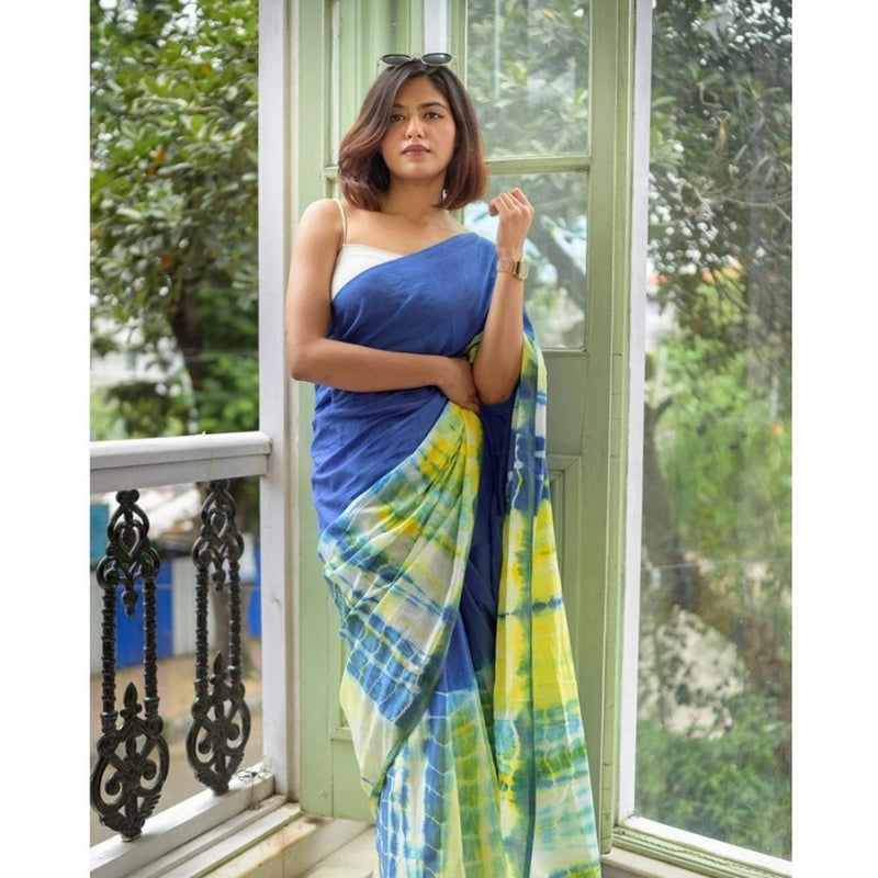 Mayawye Women's Linen Printed Saree With Unstitched Blouse 5.5Mtr (Blue)