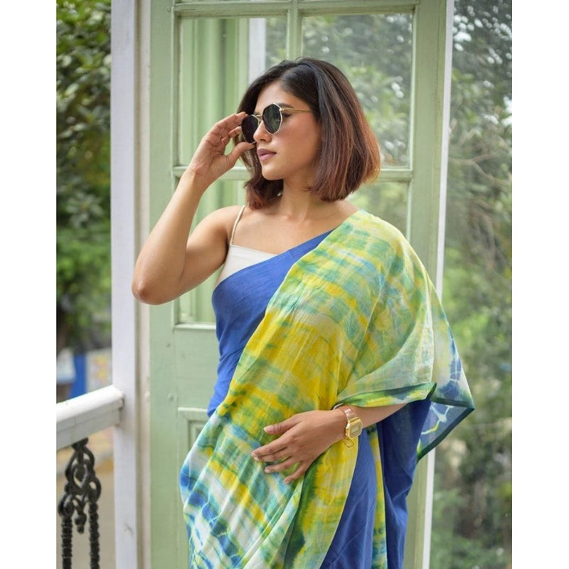 Mayawye Women's Linen Printed Saree With Unstitched Blouse 5.5Mtr (Blue)