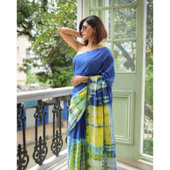 Mayawye Women's Linen Printed Saree With Unstitched Blouse 5.5Mtr (Blue)