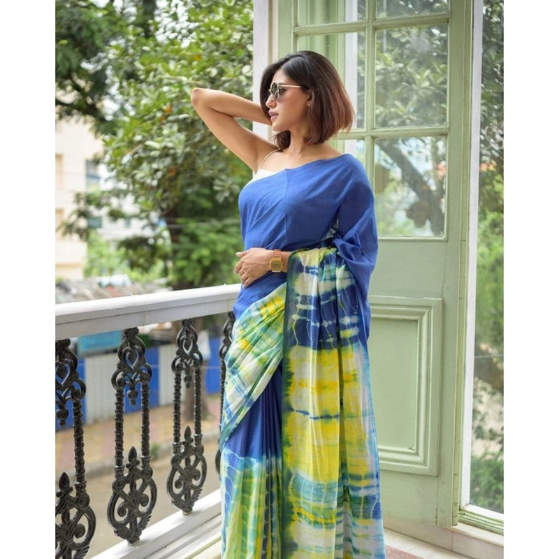 Mayawye Women's Linen Printed Saree With Unstitched Blouse 5.5Mtr (Blue)