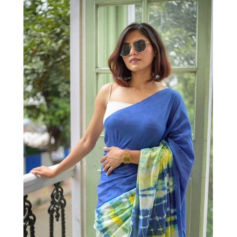Mayawye Women's Linen Printed Saree With Unstitched Blouse 5.5Mtr (Blue)