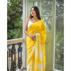 Mayawye Women's Linen Printed Saree With Unstitched Blouse 5.5Mtr (Yellow)