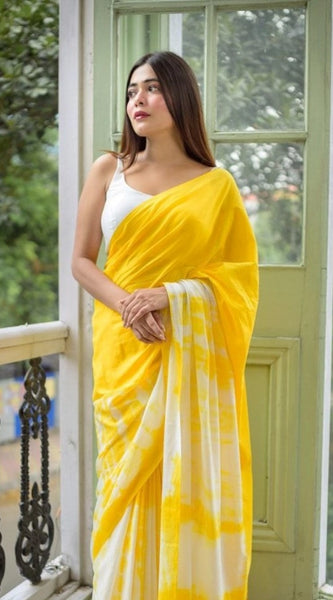 Mayawye Women's Linen Printed Saree With Unstitched Blouse 5.5Mtr (Yellow)