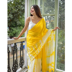 Mayawye Women's Linen Printed Saree With Unstitched Blouse 5.5Mtr (Yellow)