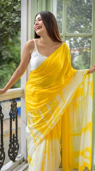 Mayawye Women's Linen Printed Saree With Unstitched Blouse 5.5Mtr (Yellow)