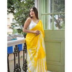 Mayawye Women's Linen Printed Saree With Unstitched Blouse 5.5Mtr (Yellow)