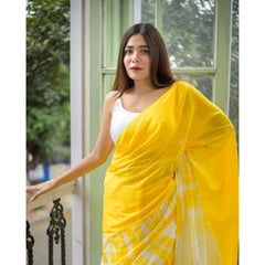 Mayawye Women's Linen Printed Saree With Unstitched Blouse 5.5Mtr (Yellow)