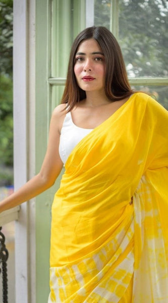 Mayawye Women's Linen Printed Saree With Unstitched Blouse 5.5Mtr (Yellow)