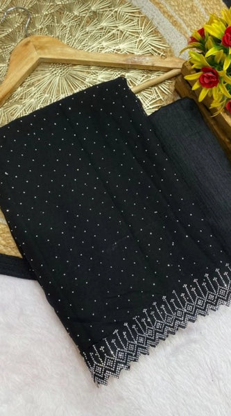 Mayawye Women's Georgette Stone Work Saree With Unstitched Blouse 5.5Mtr (Black)