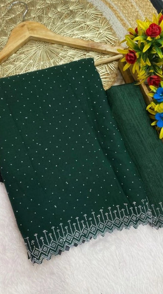 Mayawye Women's Georgette Stone Work Saree With Unstitched Blouse 5.5Mtr (Green)