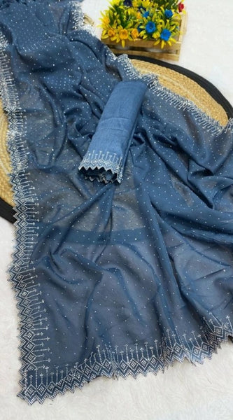 Mayawye Women's Georgette Stone Work Saree With Unstitched Blouse 5.5Mtr (Grey)
