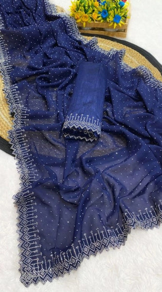 Mayawye Women's Georgette Stone Work Saree With Unstitched Blouse 5.5Mtr (Blue)