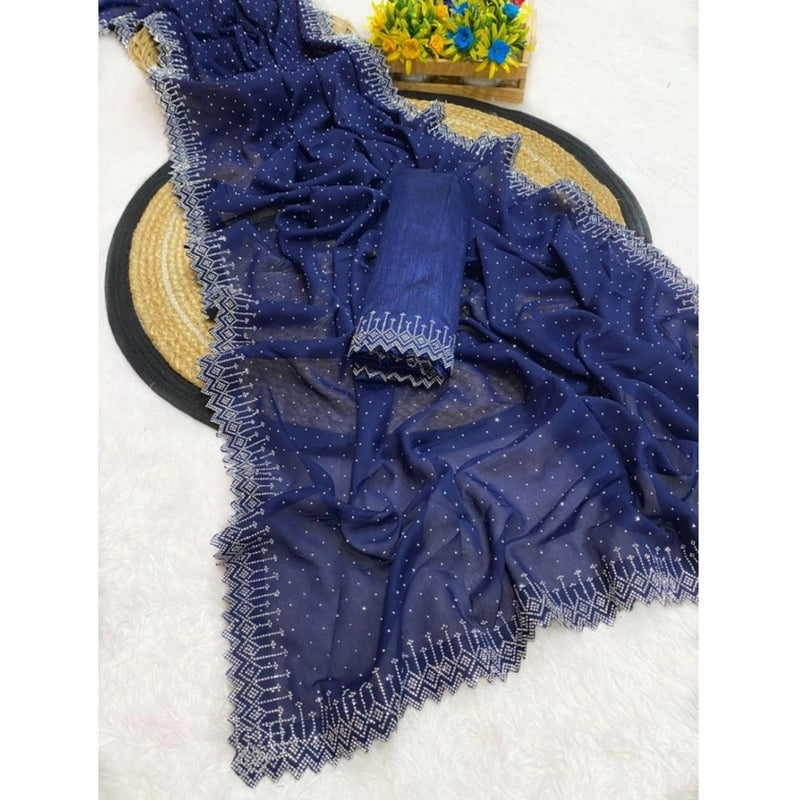 Mayawye Women's Georgette Stone Work Saree With Unstitched Blouse 5.5Mtr (Blue)