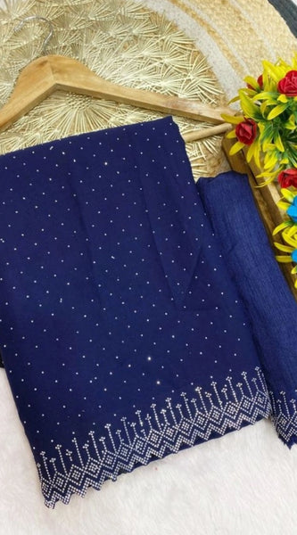 Mayawye Women's Georgette Stone Work Saree With Unstitched Blouse 5.5Mtr (Blue)