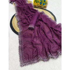 Mayawye Women's Georgette Stone Work Saree With Unstitched Blouse 5.5Mtr (Purple)