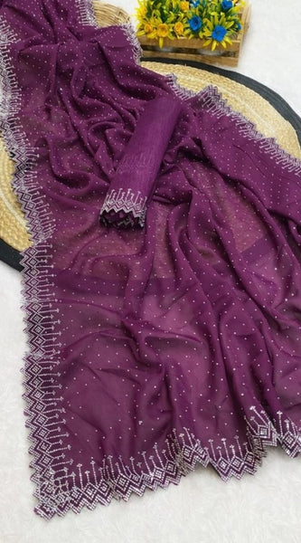 Mayawye Women's Georgette Stone Work Saree With Unstitched Blouse 5.5Mtr (Purple)