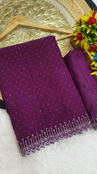 Mayawye Women's Georgette Stone Work Saree With Unstitched Blouse 5.5Mtr (Purple)