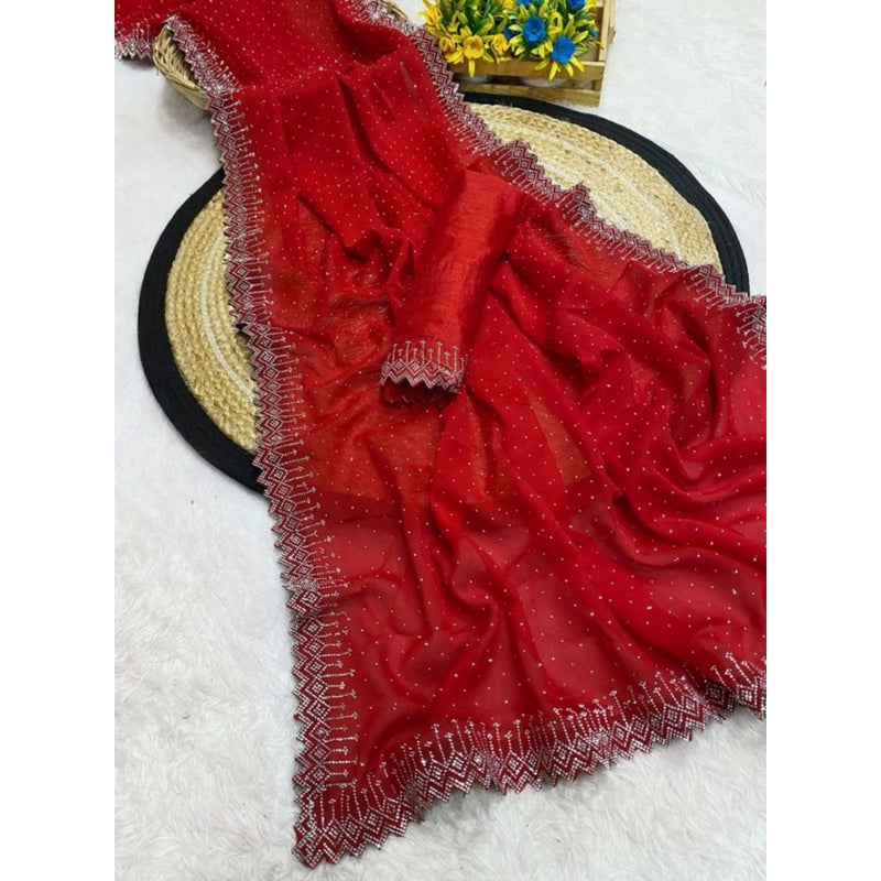 Mayawye Women's Georgette Stone Work Saree With Unstitched Blouse 5.5Mtr (Red)