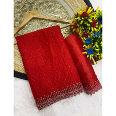 Mayawye Women's Georgette Stone Work Saree With Unstitched Blouse 5.5Mtr (Red)