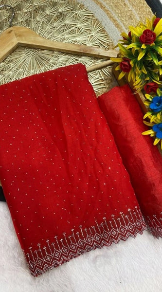 Mayawye Women's Georgette Stone Work Saree With Unstitched Blouse 5.5Mtr (Red)