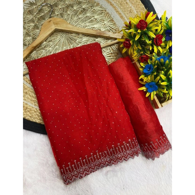 Mayawye Women's Georgette Stone Work Saree With Unstitched Blouse 5.5Mtr (Red)