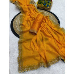 Mayawye Women's Georgette Stone Work Saree With Unstitched Blouse 5.5Mtr (Yellow)