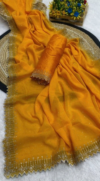 Mayawye Women's Georgette Stone Work Saree With Unstitched Blouse 5.5Mtr (Yellow)