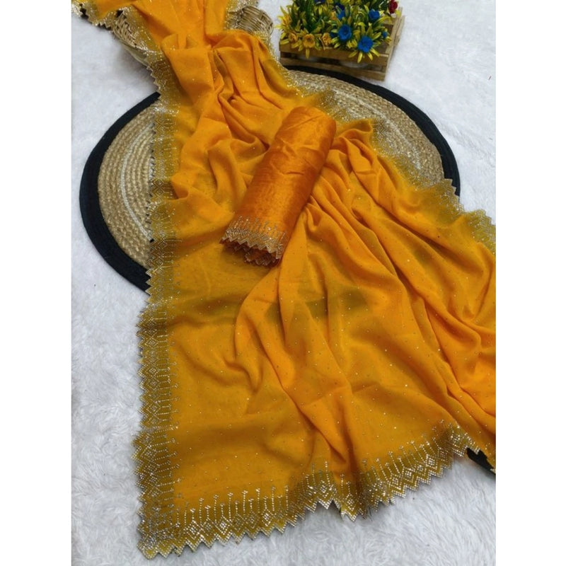 Mayawye Women's Georgette Stone Work Saree With Unstitched Blouse 5.5Mtr (Yellow)